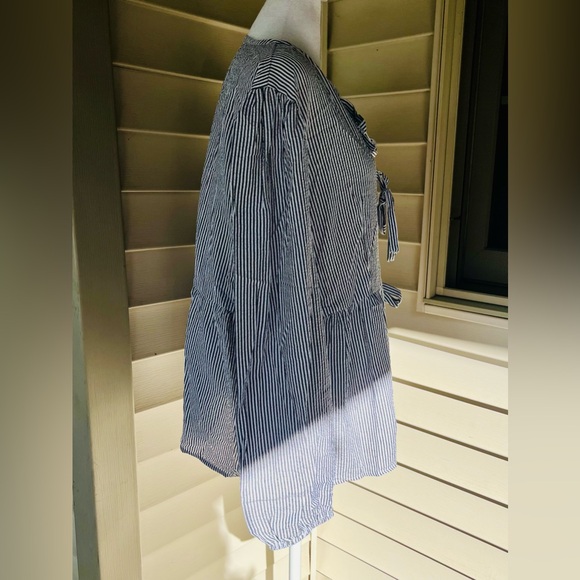 Mesoli Blue & White Striped Puff Sleeve Babydoll Peplum Blouse – Size XL - Picture 4 of 7